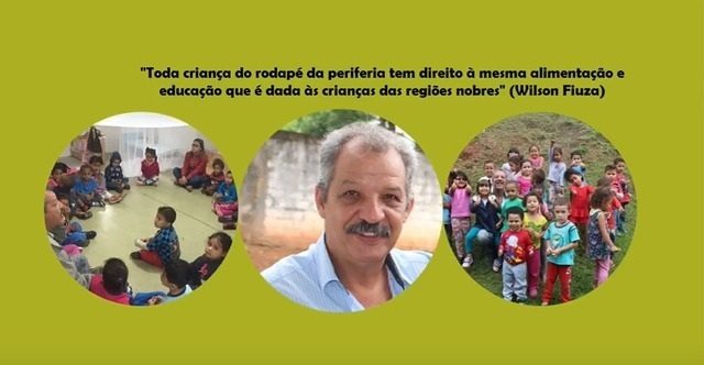 Painel institucional com citação e imagens da infância